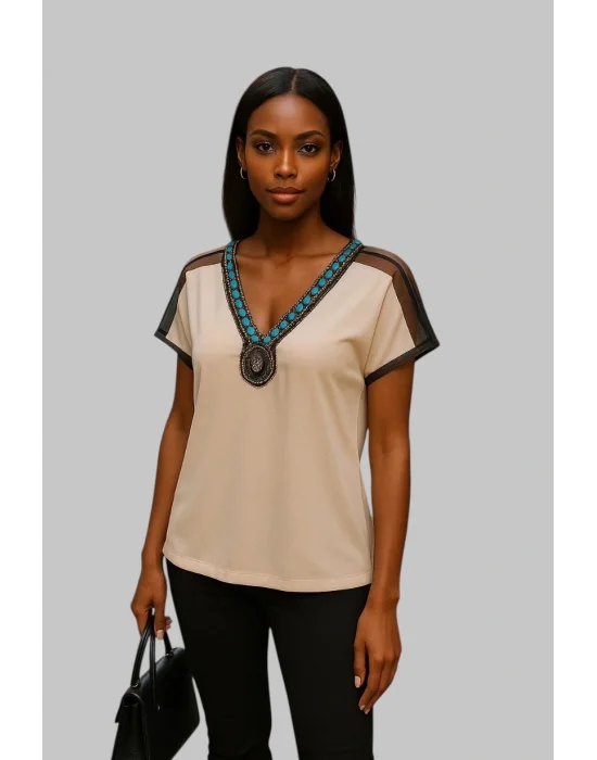 Wanda Omuz Tül Detay İthal Yaka Krep Bluz