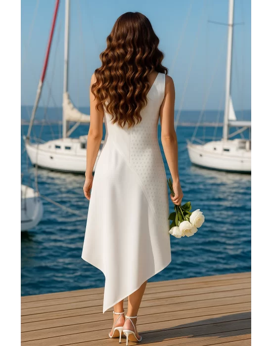 White Asimetrik Lazer Kesim Elbise
