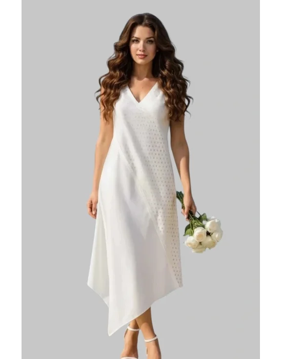 White Asimetrik Lazer Kesim Tasarım Elbise