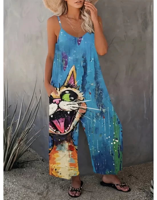 Yaz için Şirin Kedi Desenli V Yaka Kısa Tulum, Sevimli Kolsuz Bol Paça Tulum, Kadın Giyim
