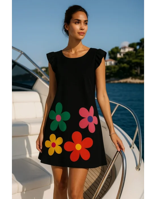 Yulia Şık Çiçek Desenli Siyah Yuvarlak Yaka Siyah Renkli Elbise
