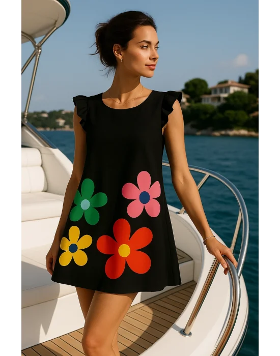 Yulia Şık Çiçek Desenli Siyah Yuvarlak Yaka Siyah Renkli Elbise