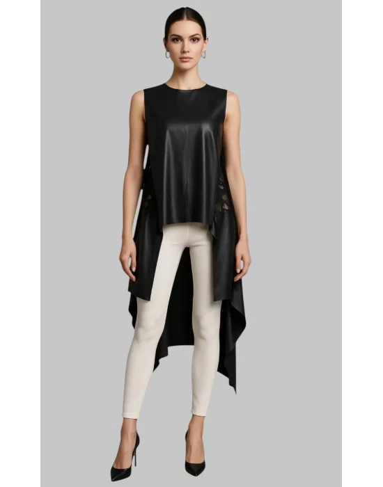 Zagata Asimetrik Dantel Detay Suni Deri Bluzan