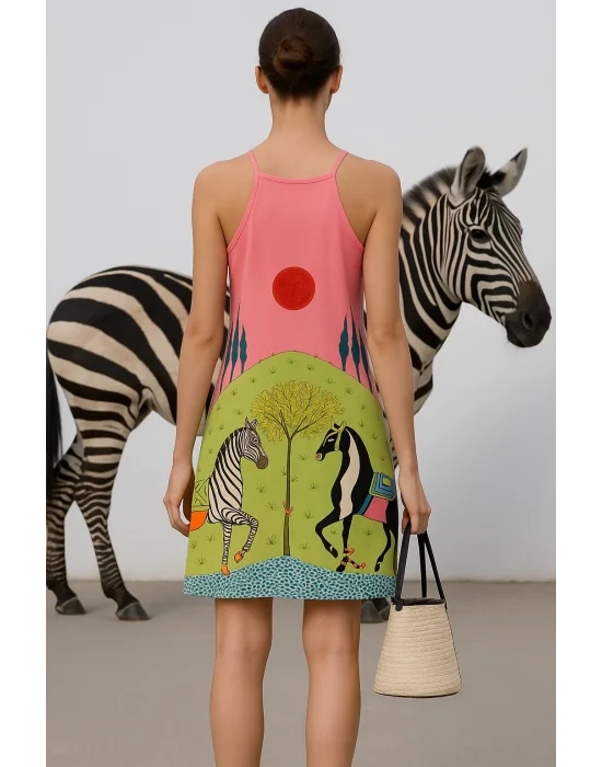 Zebra Desenli Şık Omuz Üstü Güneş ve At İllüstrasyonu Trend Oynak Elbise