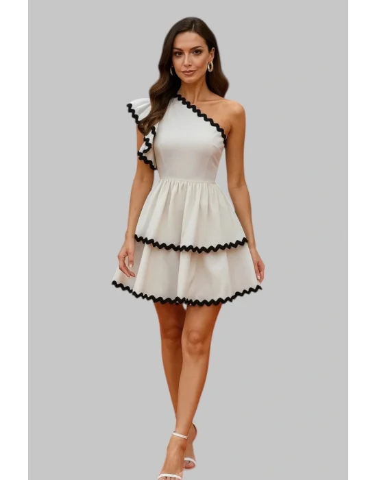 Zeta Tek Omuz A Kesim Dantel Süslemeli Elbise Beyaz & Siyah Kontrast