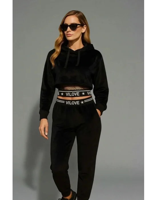 Zetna File Detay Kapüşonlu Kadife Eşofman Takım