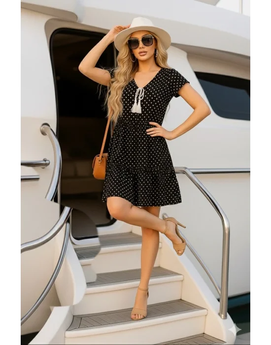 Zeyna Desenli Şifon Baskı Bağlamalı Şık Fırfır Elbise