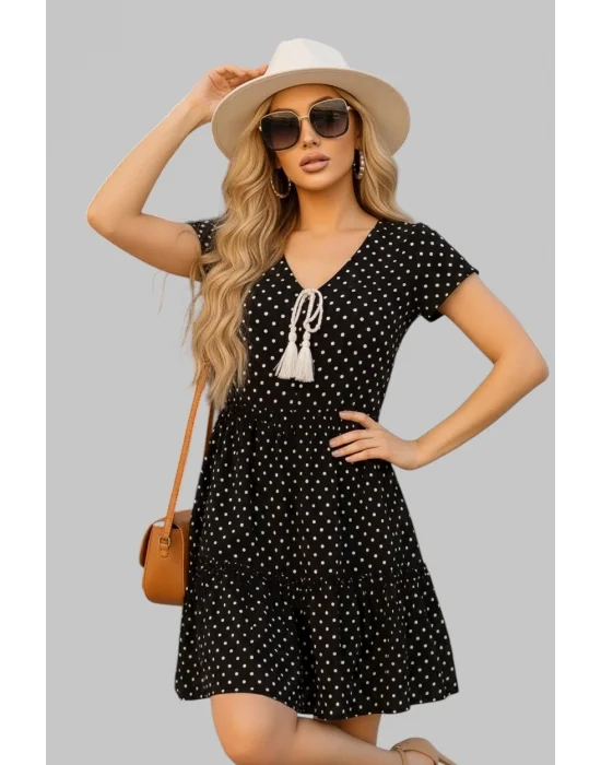 Zeyna Desenli Şifon Baskı Bağlamalı Şık Fırfır Elbise