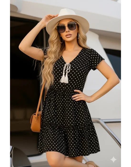 Zeyna Desenli Şifon Baskı Bağlamalı Şık Fırfır Elbise