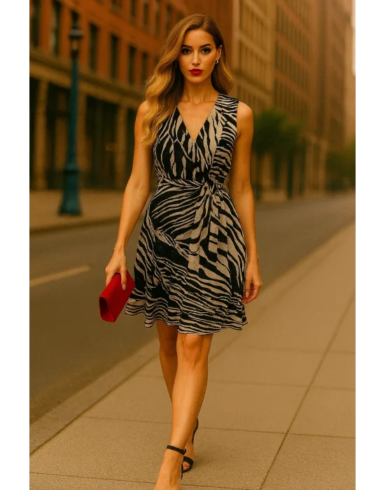 Zeyna Kruvaze İthal Şifon Zebra Desen Elbise