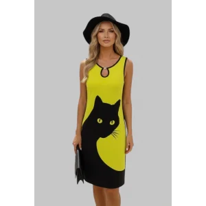 Beti 3D Kedi Baskılı Kolsuz, O Halkalı Yaka Detayıyla Rahat Tarz Elbise