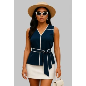 Cristina Biye Detay İthal Krep Lacivert Bluz