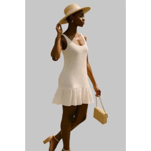 Gigi Örme penye kumaş yakma baskı detay beyaz renkli kolsuz astarlı Elbise