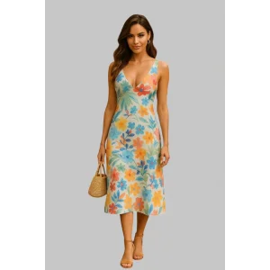 Madrid Desenli Keten Elbise Trend