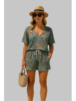 Aden İndigo Şortlu Keten İkili Takım