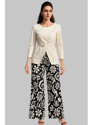 Adriana İhtal Keten Kruvaze Düğme Ve Toka Detay İkili Pantolon Takım