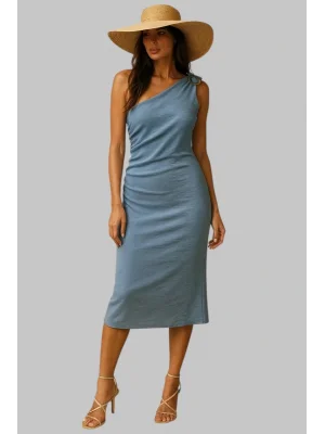 Aerobin Keten Tek Omuzlu Aksesuar Ve Büzgü Detay Tasarım Elbise