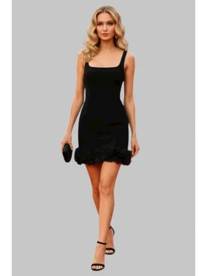 Amelia Şık Sırtı Açık Kare Yaka Kolsuz Fırfır Etekli Tasarım Elbise