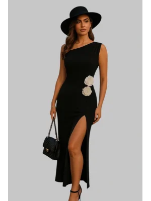 Anastasia Zarif Omzu Açık 3D Çiçek Vurguları Yüksek-Düşük Etek Ve Yan Yarıklı Partiler Düğünler Tatiller İçin Mükemmel