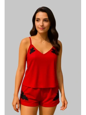 Barbara İthal Saten Gecelik Takım Aplik Detay