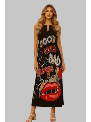 Barbara Mektup Baskılı Çift Cepli Bol Maksi Elbise Rahat Çentikli Yaka Kolsuz Elbise