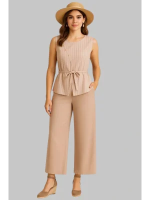 Bentley İthal Keten Çizgi Kombin Boncuk İşlemeli İkili Pantolon Tasarım Takım