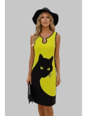 Beti 3D Kedi Baskılı Kolsuz, O Halkalı Yaka Detayıyla Rahat Tarz Elbise