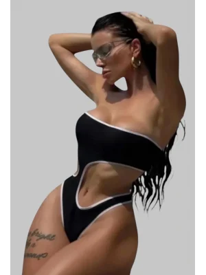 Bodrum Siyah & Beyaz Kontrast Askılar Şık Kadın Asimetrik Mayo