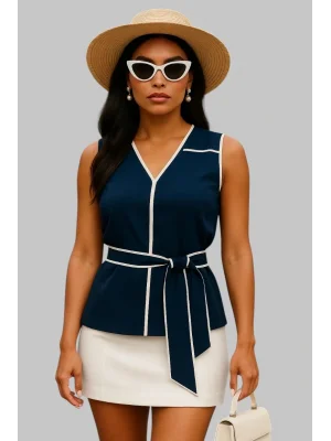 Cristina Biye Detay İthal Krep Lacivert Bluz