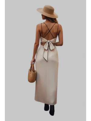 Dora Beyaz Askılı Sırt Bağlama Detay Uzun Yırtmaçlı Örme Likralı Elbise Tasarım W 2026