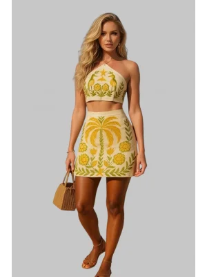 Düşük Bel Yazlık Şort Tropikal Bitki Ve Hindistan Cevizi Ağacı Baskılı Tatil Seti