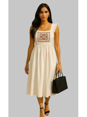 Ekaterina Kolsuz Fırfırlı Nakış Detay Koton Elbise