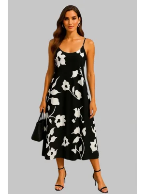 Flower Çiçek Desen Askılı İthal Saten Tasarım Elbise