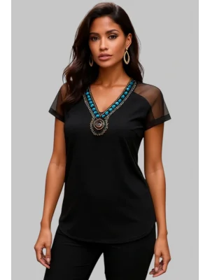 Frederika İhtal Yaka Detay Omuz Tül Kaplama İhtal Krep Bluz