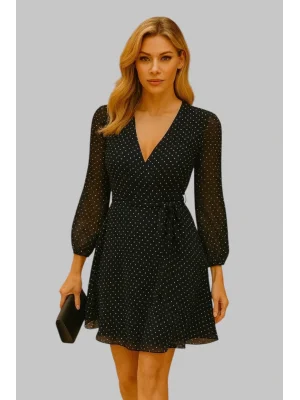 Gginna Kruvaze Puantiye Şifon Elbise