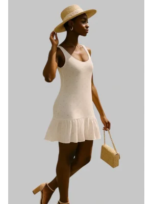 Gigi Örme penye kumaş yakma baskı detay beyaz renkli kolsuz astarlı Elbise