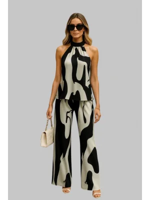 Gloria Şık ve Zarif Tatil Baskılı Bağcıklı Yeleksiz Uzun Pantolon