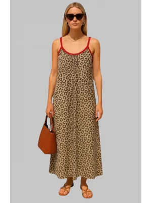 İsabel Leopar Örme Askılı Şifon Elbise