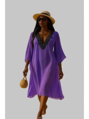 İsland İthal Yaka Detay Plaj Elbisesi Tasarım