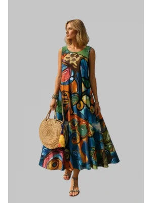 Jennifer Soyut Baskılı Yuvarlak Yaka Elbise, Bahar ve Yaz İçin Rahat Kolsuz Bol Elbise