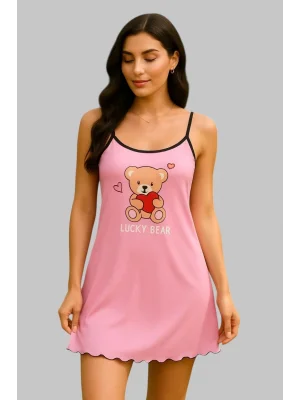 Kalp ve Mektup Baskılı Kadın Ayı Peluşlu Rahat Fırfırlı Uyku Elbisesi