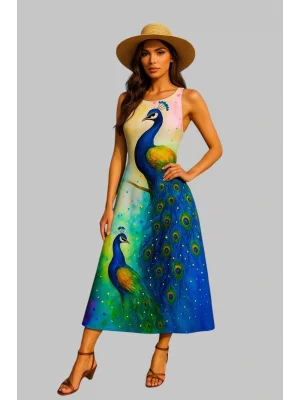 Lara Tavuskuşu Desenli Yaka Detaylı Elbiseler, Bahar ve Yaz İçin Rahat Kısa Kollu Elbise, Kadın Giyim