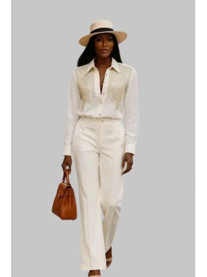 Lenora İthal Krep Taş Baskı Detay Tasarım Gömlek