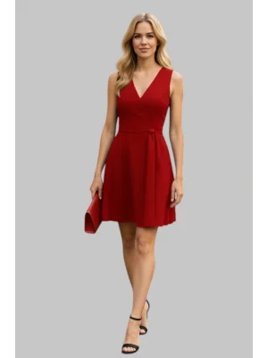 Leone Kırmızı Kuşak Detay Kruvaze Elbise