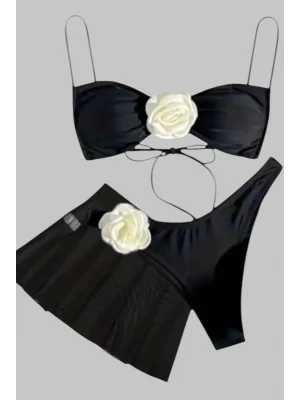 Lora 3D Desenli İtalyan Bağcıklı 3 Parça Şık Sırtı Açık Mayo