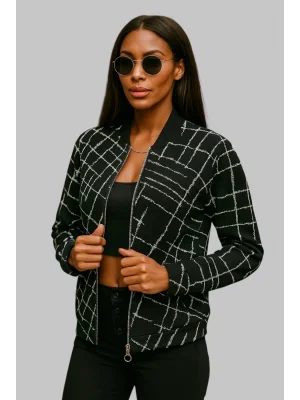 Lora Siyah Beyaz Fermuarlı Bomber Ceket