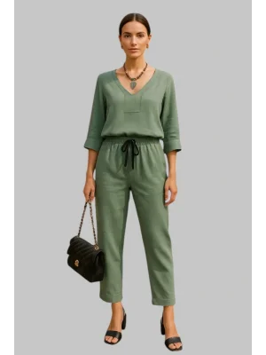 Lorensa Yeşil Ornanik İkili Pantolon Keten Takım Tasarım