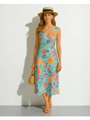 Madrid Desenli Keten Elbise Trend