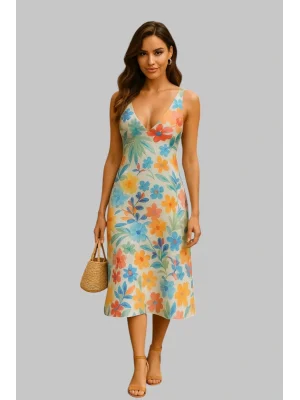 Madrid Desenli Keten Elbise Trend