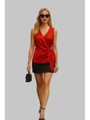 Marbel Krep Saten Kruvaze Bluz